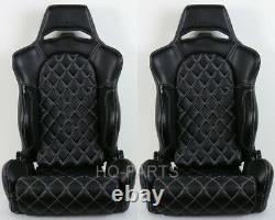 2 X Tanaka Black Pvc Leather Racing Seats Reclinable + Diamond Stitch Fits Vw