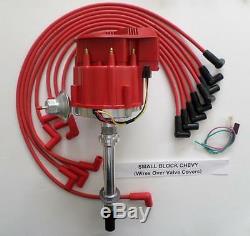 CHEVY 350 Super HEI Distributor & RED 8mm SPARK PLUG WIRES over valve covers USA