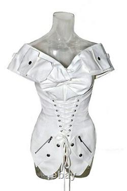 John Galliano Christian Dior Leather Decor Lace Up Off Shoulder White Corset Top
