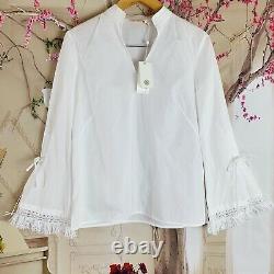 NEW Tory Burch Sophie Women's Blouse Size 0 White Cotton Fringe Bell Sleeve