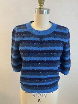 NWT Chanel Short Sleeve Cashmere Sweater Blue Stripe With Sequins & Logo Size 38