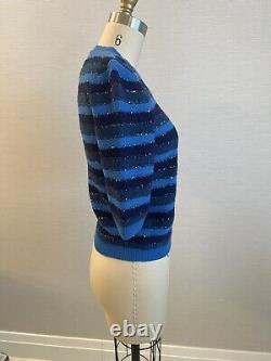 NWT Chanel Short Sleeve Cashmere Sweater Blue Stripe With Sequins & Logo Size 38
