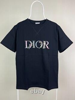 New Dior Paris Flowers Embroidered Logo t-Shirt Tee Cotton Black Size M