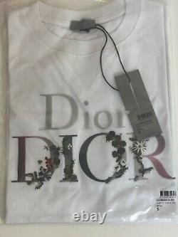 New Dior Paris Flowers Embroidered Logo t-Shirt Tee Cotton White Size S