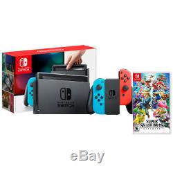 Nintendo Switch with Neon Joy-Con and Super Smash Bros Ultimate