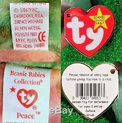 Super RARE PVC Peace Bear 1996 Retired Ty Beanie Baby MWMT Genuine MAJOR Errors