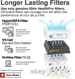 IQAir HealthPro PLUS 101.6 SUPER HEPA / V5-Cell Gas Filter Air Purifier Works translates to:
Le purificateur d'air IQAir HealthPro PLUS 101.6 SUPER HEPA / V5-Cell avec filtre à gaz fonctionne.