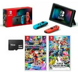 Nouveau Commutateur Nintendo Neon Super Bundle + Mariokart8 + Super Smash Bros + 16 Go
