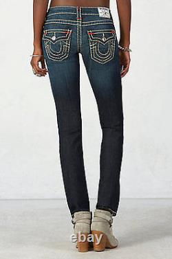 Nouveau Jeans True Religion pour femmes en bleu foncé 26 NWT Super T Skinny Flap Blanc