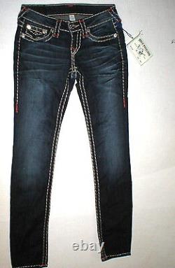 Nouveau Jeans True Religion pour femmes en bleu foncé 26 NWT Super T Skinny Flap Blanc