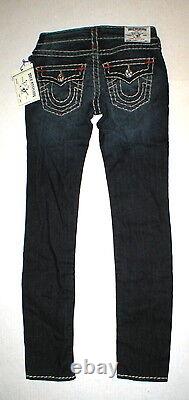 Nouveau Jeans True Religion pour femmes en bleu foncé 26 NWT Super T Skinny Flap Blanc